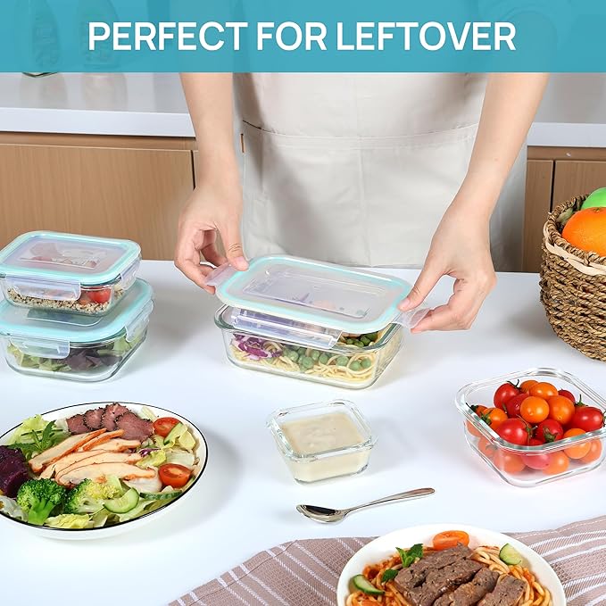 Vtopmart 8 Pack Glass Food Storage Containers with Airtight Lids, Glass Meal Prep Containers, Lunch Office Meal for Microwave, Oven, Freezer and Dishwasher, BPA Free