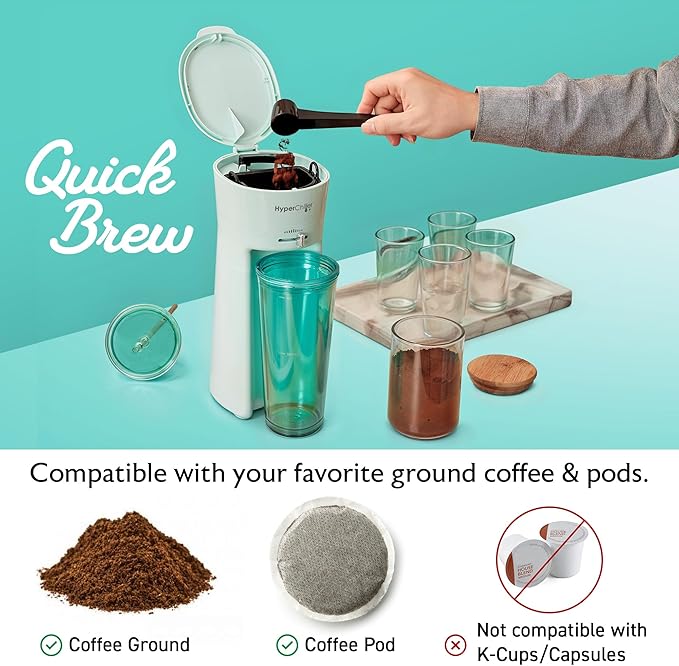 HyperChiller EHC824 Iced & Hot Coffee Maker, Adjustable Flow/Strength Lever, Includes 20 Oz. Tumbler & Reusable Straw, Compatible with Coffee Grounds, Removable, Reusable Mesh Filter, Mint