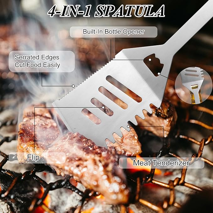 Griddle Accessories Kit - Grilling Accessories, Stainless Steel Heavy Duty Grill Tools Set with Spatula, Fork, Tongs, Brush and Gift-Box for Outdoor Barbecue, Home Grill (4PCS)