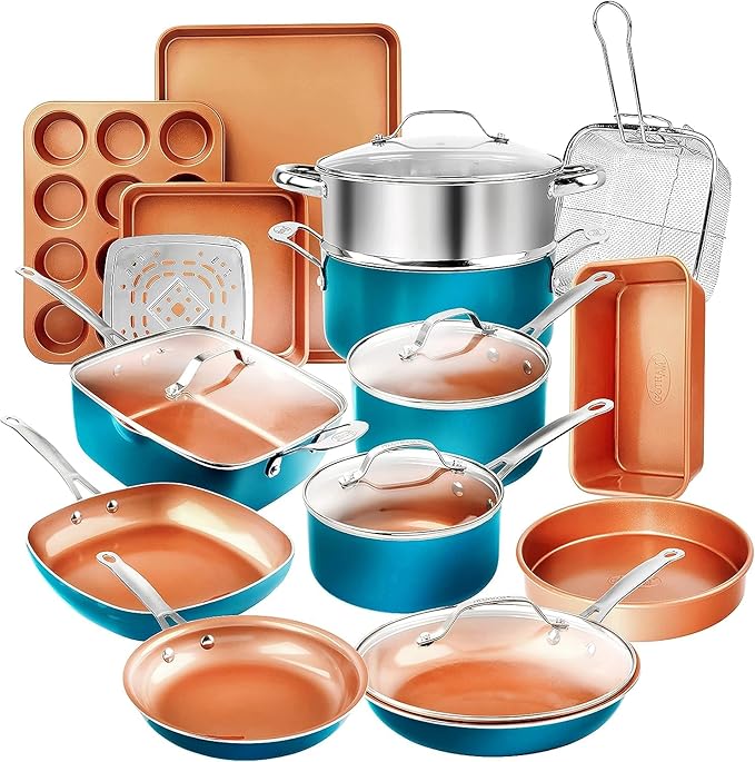 GOTHAM STEEL 20 Piece Copper Pots and Pans Set Nonstick Cookware & Ceramic Bakeware Set, PFOA PFOS Free, Dishwasher/Oven Safe, Metal Utensil Safe – Turquoise
