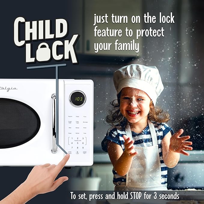 Nostalgia Retro 1000W Microwave Oven 1.1 Cu Ft Capacity – Child Safety Lock, 8 Auto-Cook Settings – Countertop Kitchen Appliance – White