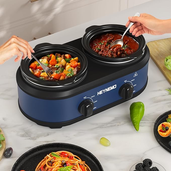 Double Slow Cooker, Buffet Servers and Warmers, Dual 2 Pot Slow Cooker Food Warmer, Adjustable Temp Dishwasher Safe Removable Ceramic Pot Glass Lid, 2 x 1.25 QT Portable Small Crock Cooker,Blue