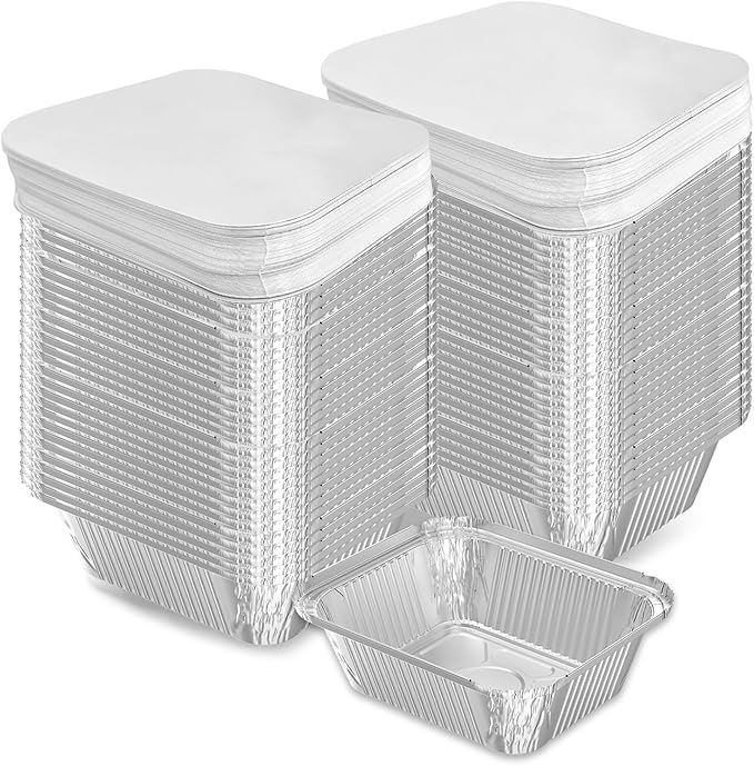 iHomeSet 100 Pack 1 lb Disposable Aluminum Foil Pans Meal Prep Take Out Food Containers with Paper Lids for Catering, Baking, Roasting Food, Freezer Safe