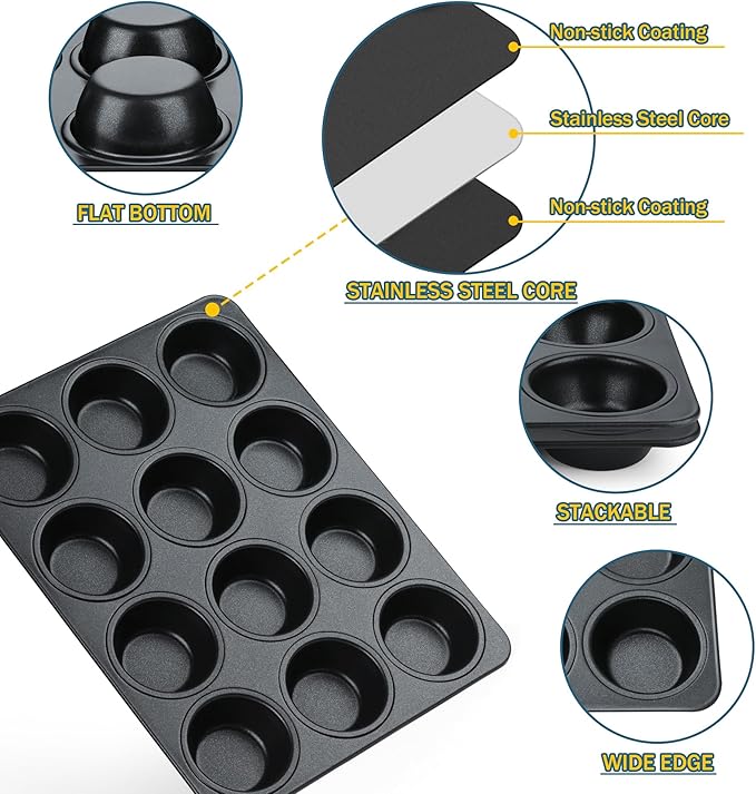E-far Nonstick Muffin Pan 12 Cups Set of 2, Stainless Steel Muffin Tin Cupcake Pan Tray for Baking, Stainless Steel Core & Non Toxic, Easy Release & Easy Clean, Black