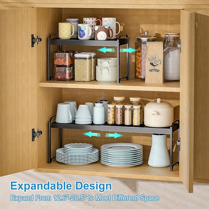 4 Pack Kitchen Cabinet Shelves Organizers, Kitchen Counter Storage Shelf Spice Rack, Expandable Length, Adjustable Height, Stackable, Sturdy 30LBS Bearing, Small Cupboard Tabletop Organizer Shelf Rack