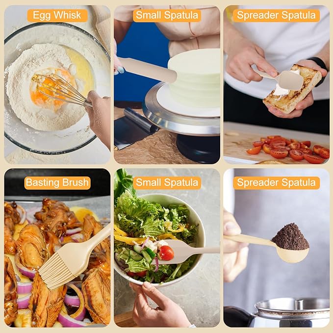 Mixing Bowls with Airtight Lids Set, 20 PCS Kitchen Gadgets Set, 6 Stainless Steel Bowls,3 Grater Attachments,Non-Slip Silicone Bottoms,Great for Serving&Baking,Size 5, 4, 3.5, 2.1, 1.5, 1.1QT (Khaki)