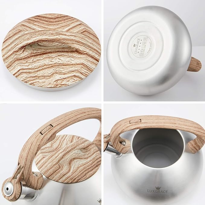 s-p Stovetop Tea Kettle- Whistling Teapot Stainless Steel Tea kettle for Stove Top Loud Whistle Tea Pot With Wood Pattern Handle Tea kettles Water Kettle(Silver Body and Black Handle