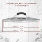 12 Inch Tempered Glass Pot Lid Compatible with 12” Lodge Cast Iron Skillets and 7 Quart Dutch Ovens - Designed with Steam Vent Hole and Heat Resistant Handle