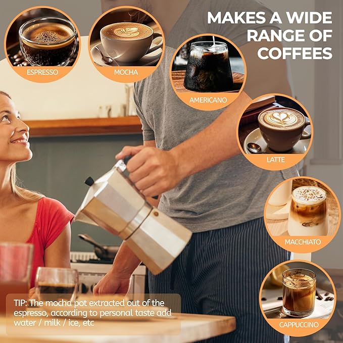 Aluminum 6 Cup 300ml Moka Pot Express Coffee Maker Stovetop Espresso Percolator Coffeemaker Italian Classic Style Brewing Greca Cafe Mocha Machine for Cafeteras Lover Camping Travel and Home Use 10oz