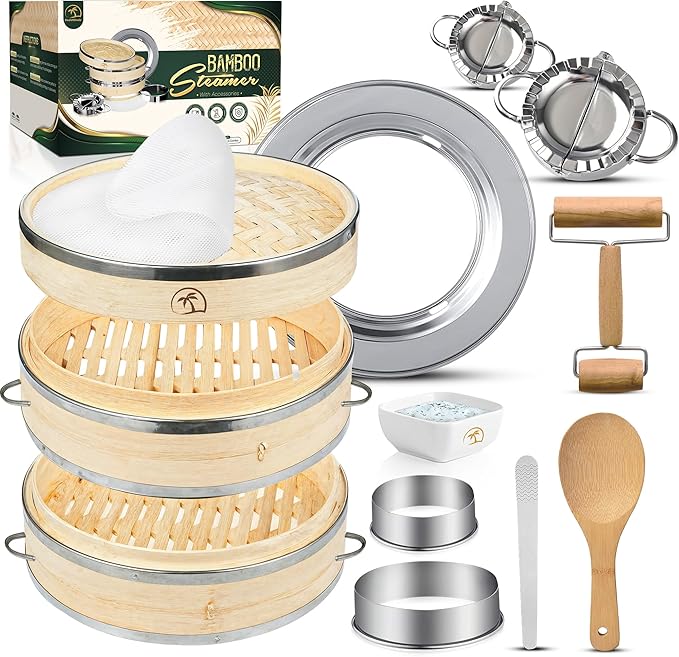 UPGRADED Bamboo Steamer Basket 10-Inch 2-Tier with handle|1x Stainless Steel Ring|2x Chopsticks|50x Perforated Liners|1x Sauce bowl| Easy to clean|Dumpling Steamer Baskets for Cooking Rice & Vegetable (Full Set [10-Inch] with Dumpling Tools)