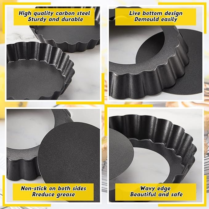 Tessco 16 Pieces Mini Tart Pans with Removable Bottom Nonstick Quiche Mini Pie Tart Pans Bakeware Mold Fluted Side for Pies(Black Round,5 Inch)