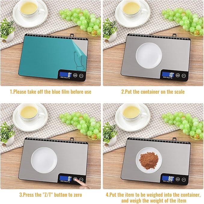 33lb Digital Kitchen Scale Large Weighing Area (9 in), Diyife Professional Electronic Food Scale, Stainless Steel Household Scale, Touch Control, LCD Display, Hangable, 6 Units, Tare, with Batteries
