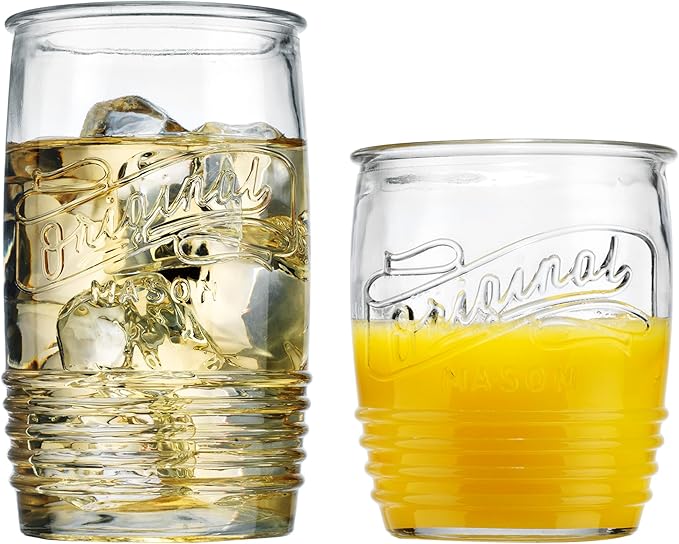 Glaver's Original Mason Set of 8 Drinking Glasses 4-20 Oz Highball Glasses, and 4-13 Oz Whiskey Glass Cups For Everyday Home Use Water, Beer, Juice, Cocktail.