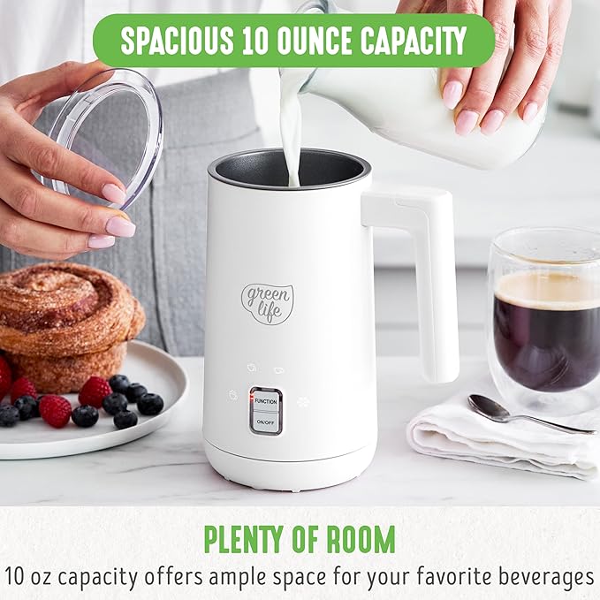 GreenLife Ceramic Electric Milk Frother, 10oz, 4-in-1, Auto Hot and Cold Foam, Dense and Light Foam, PFAS Free, Cordless Milk Warmer and Steamer for Latte, Coffee, White