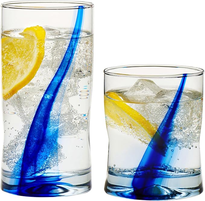 Libbey Blue Ribbon 16 Piece Tumbler and Rocks Glass Set, Infused Blue Ribbon Drinkware Glasses Set, Artisan Inspired Four-Dimple Shaped Rock Glasses, Dishwasher Safe Tumbler Glasses Set