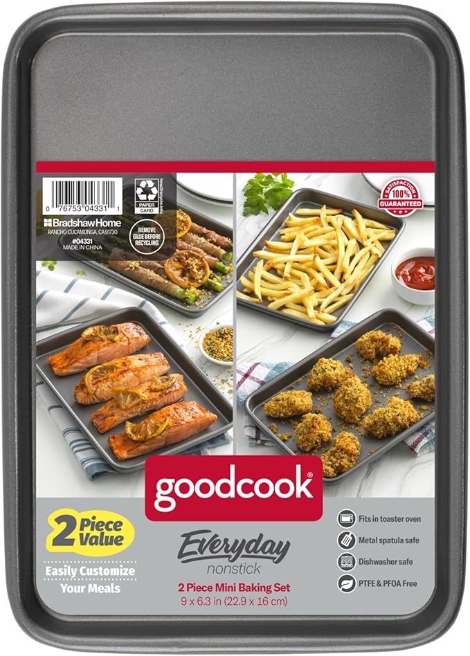 GoodCook Everyday Set of 2 Nonstick Steel 9" x 6.2" Toaster Oven Mini Baking Sheets, Gray