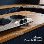 OVENTE Countertop Infrared Double Burner, 1700W Electric Hot Plate and Portable Stove with 7.75" and 6.75" Ceramic Glass Cooktop, 5 Level Temperature Setting and Easy to Clean Base, Silver BGI102S