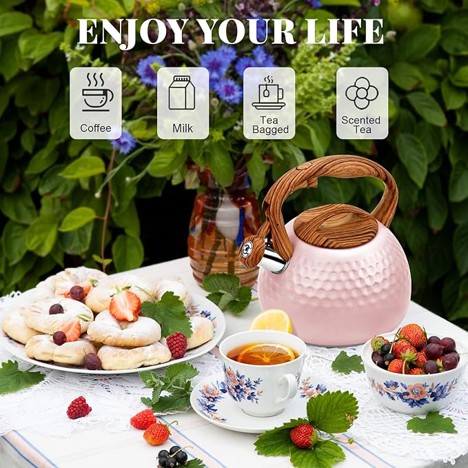 GGC Tea Kettle for Stove Top, Loud Whistling Kettle for Boiling Water Coffee or Milk, 3.1 Quart 3L Heavy Stainless Steel Pink Kettles with Wood Pattern Handle, Unique Button Control Kettle Outle