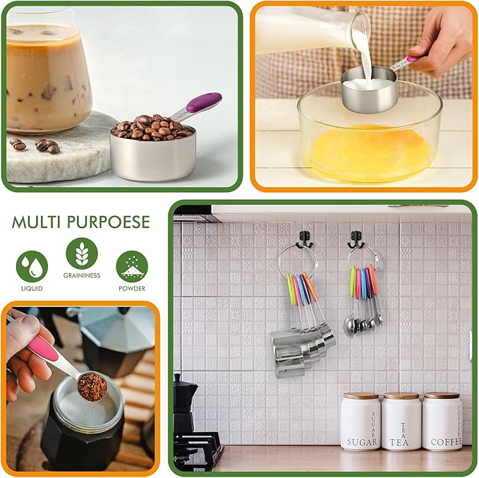 HOTEC 10-Pack Measuring Cups &Spoons Set, Kitchen Gadagets Cooking Baking, Measuring Spoons, Heavy Duty & Dishwasher Safe for Dry and Liquid Ingredients, Multicolor