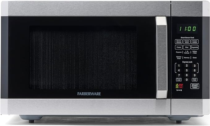 Farberware 1.6 Cu. Ft. Countertop Microwave Oven – 1100 Watts Power, Smart Sensor Auto Cook Settings, Defrost, Easy Clean and Child Safety Lock - Stainless