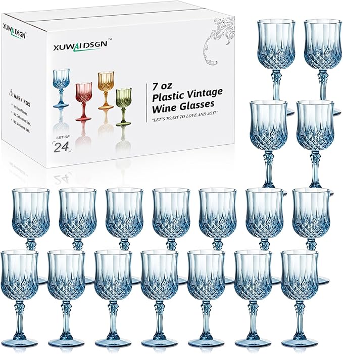 XUWAIDSGN 24 Pcs 7oz Plastic Vintage Wine Glasses Drinking Glasses Unbreakable Wedding Glassware Crystal Water Goblets Reusable Drinkware Vintage Champagne Flutes (24, Blue)