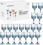 XUWAIDSGN 24 Pcs 7oz Plastic Vintage Wine Glasses Drinking Glasses Unbreakable Wedding Glassware Crystal Water Goblets Reusable Drinkware Vintage Champagne Flutes (24, Blue)