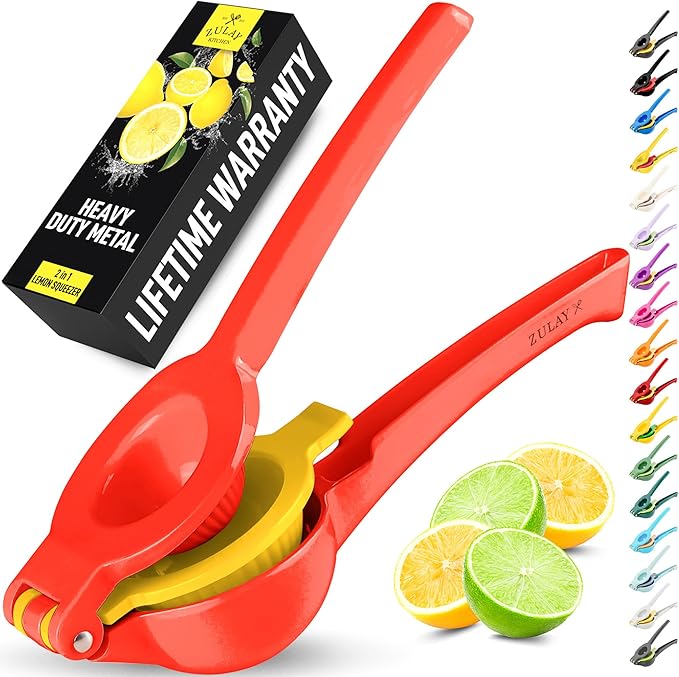 Zulay Kitchen Metal 2-in-1 Lemon Squeezer - Sturdy Max Extraction Hand Juicer Lemon Squeezer Gets Every Last Drop - Easy to Clean Manual Citrus Juicer - Easy-Use Lemon Juicer Squeezer - Red/Yellow