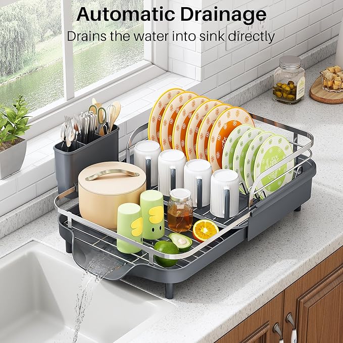 SAYZH Dish Drying Rack - Expandable Dish Rack for Kitchen Counter, Rust-Resistant Dish Drainer with Utensil Holder and Raised Guardrail, Kitchen Organizer for Cup and Bottle (Grey)