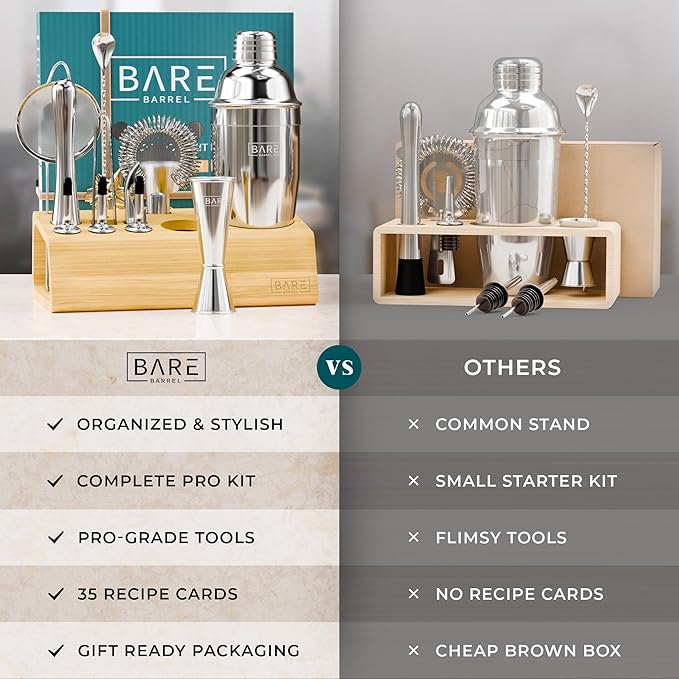 BARE BARREL® Mixology Bartender Kit Bar Set | 14-Piece Cocktail Shaker Set | Martini Barware Mixing Tools for Home Bartending | Incl. 35 Recipe Cards | Gift Set (24oz Cobbler Shaker, Silver/Natural)