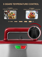 FOHERE Waffle Maker 3 in 1 Sandwich Maker 1200W Panini Press With Removable Plates and 5-gear Temperature Control, Non-stick Coating Easy to Clean,Indicator Lights, Red