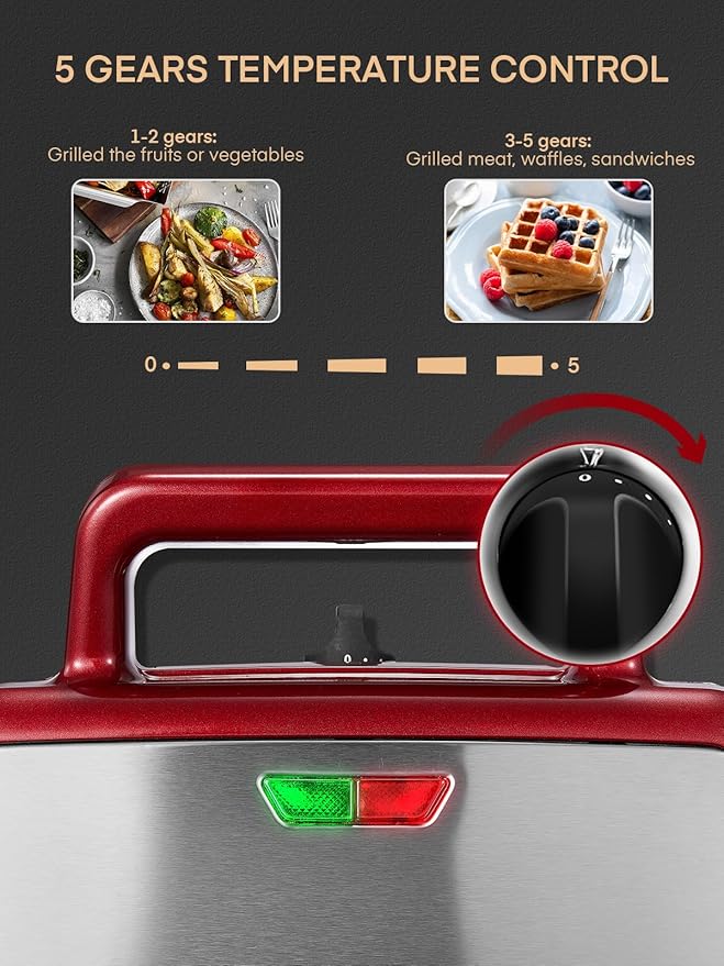 FOHERE Waffle Maker 3 in 1 Sandwich Maker 1200W Panini Press With Removable Plates and 5-gear Temperature Control, Non-stick Coating Easy to Clean,Indicator Lights, Red
