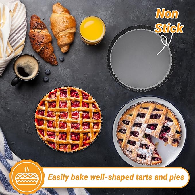 Beasea Tart Pan 9 Inch with Removable Bottom, 4pcs Nonstick Carbon Steel Round Quiche Pie Pans for Baking Tart Quiche Desserts