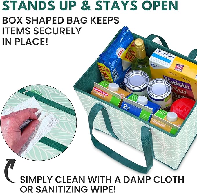 Reusable Grocery Bags (3 Pack) – Heavy Duty Reusable Shopping Bags for Groceries with Box Shape to Stand Up, Stay Open, Fold Flat – Large Tote-Bag is Foldable with Long Handles & Hard Bottom (Green)