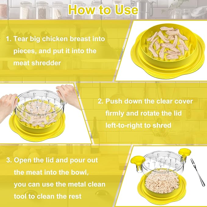 Chicken Shredder Large Chicken Breast Shredder Tool Twist with Brush&Fork, Visible Meat Shredder Machine, Anti-Slip Strip, Ergonomic Handle, BPA Free, Suitable for Pork Beef Chicken(Yellow)