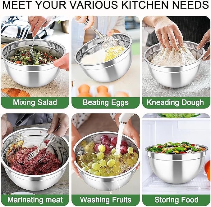 TeamFar Mixing Bowls with Airtight Lids, 5PCS Stainless Steel Metal Salad Bowl with 3 Grater Attachments, for Cooking, Prepping, Serving, Healthy & Easy Clean - 0.7/1/1.5/2.6/4.6QT, Khaki