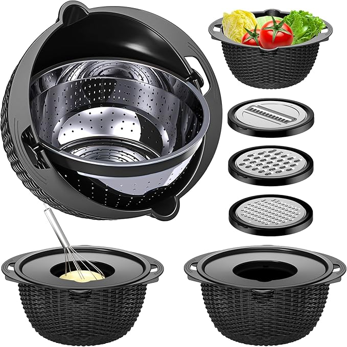 4-1 Colander with Bowl Set - Pasta Strainer - Colander for Kitchen - Strainers and Colanders Rice Strainer Fruit Cleaner Veggie Wash Sink Strainer Kitchen Essentials - Black