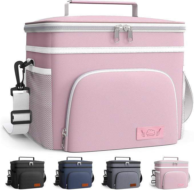 HOTOR Insulated Lunch Box for Men & Women - Leak-Proof Cooler Lunch Bag with 4 Pockets, Adjustable Strap, Ideal for Work, Picnic, Travel - Large, Light Pink, 13.0"×7.9"×9.1"