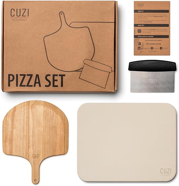 Cuzi Gourmet 3-Piece Pizza Stone Set - 15x12" Thermal Shock Resistant Cordierite Pizza Stone, 15x12" Natural Wood Pizza Peel & Pizza Cutter - Pizza Stone for Grill and Oven