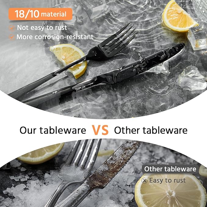 KINGSTONE 18/10 Stainless Steel Flatware, 20-Piece Forged Silverware Set for 4, Mirror Polished Cutlery Set Dishwaher Safe for Home, Restaurant, Wedding, Party, Black