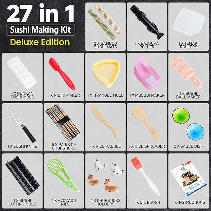 FUNGYAND Sushi Making Kit, 27-in-1 Professional Maker Set with Bazooka Roller, Nigiri & Musubi Presses, Bamboo Mats, Knife, Chopsticks, Ceramic Dishes - Ideal for Beginners
