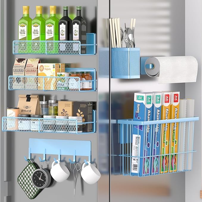 Magnetic Spice Rack for Refrigerator, 7 Pack Metal Magnetic Shelf, Moveable Magnetic Storage Fridge Organizer, Spice Organizer, Hook Rack, Paper Towel Holder, Utensils and Cutting Board Holder, Blue
