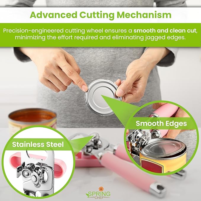 Spring Chef Stainless Steel Can Opener - Manual with Soft Grip Handles, Easy Turn, Heavy Duty Hand Can Openers for Seniors with Smooth Edge - Magnetic Lid Remover - Pink Lemonade