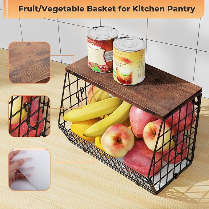 Fruit and Vegetable storage, 2 Set Wall Mounted Wire Baskets, Fruit Basket for Kitchen Counter, Hanging Fruit Basket, Potato Onion Basket, Wire Basket for Organizing, Countertop Organization Pantry