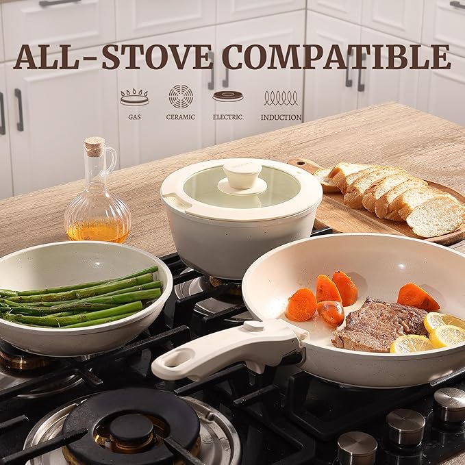 BECIGAR 8pcs Ceramic Pots and Pans Set, Non Stick Cookware Set, Detachable Handle Cookware, Induction Kitchen Cooking Set with Removable Handle,Oven Safe, Induction Fast, Stackable Cookware Set