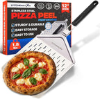 KitchenStar Perforated Pizza Peel 12 inch with 10 inch Folding Handle, Medium - Stainless Steel Spatula Paddle for Effortless Pizza Transfer & Easy Storrage - Outdoor Pizza Oven Accessories