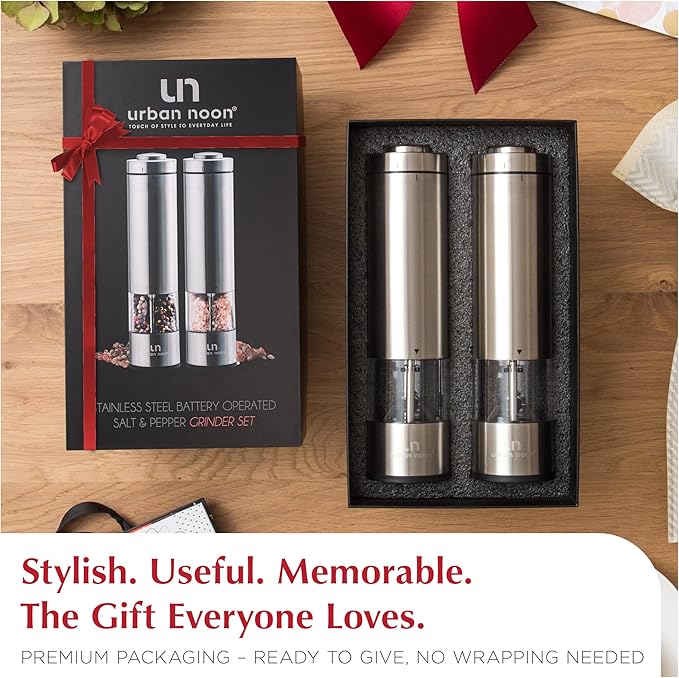 Electric Salt and Pepper Grinder Set - Battery Operated Stainless Steel Mill with Light (2 Mills) - Automatic One Handed Operation - Electronic Adjustable Shakers - Ceramic Grinders