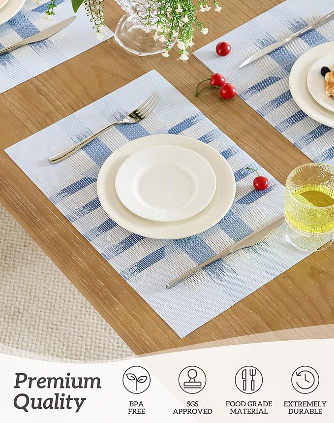 Leetaltree Geometric Print Blue Placemats Set of 12 - Heat Resistant Non-Slip Place mats for Dining Table, Washable Durable PVC Vinyl Woven Table Mats (Geometric Blue, 12)