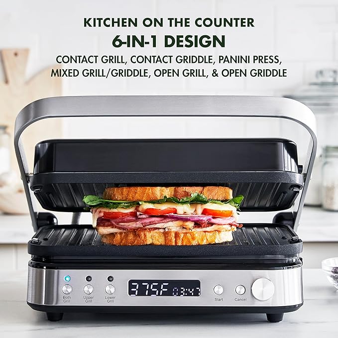 GreenPan Electric Indoor Stainless Steel 6-in-1 Contact Grill and Griddle, Healthy Ceramic Nonstick, Dishwasher Safe Reversible Plates, PFAS-Free