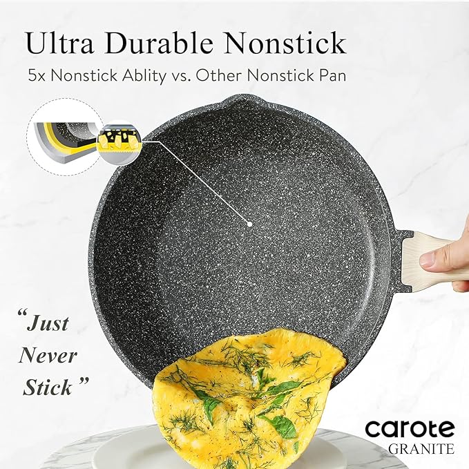 CAROTE 10/12/12.5 Inch Nonstick Deep Frying Pan with Lid, Jumbo Cooker Saute Pan with Pour Spout, Skillet Induction Cookware, Non Stick Cooking Pan PFOA Free, Classic Granite