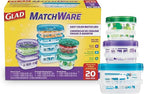 Glad GladWare MatchWare Food Storage Containers with Lids, BPA Free Reusable Plastic 20 Piece Variety Pack for Lunches, Meal Prep, and Leftovers, Leak Resistant, Microwave and Dishwasher Safe